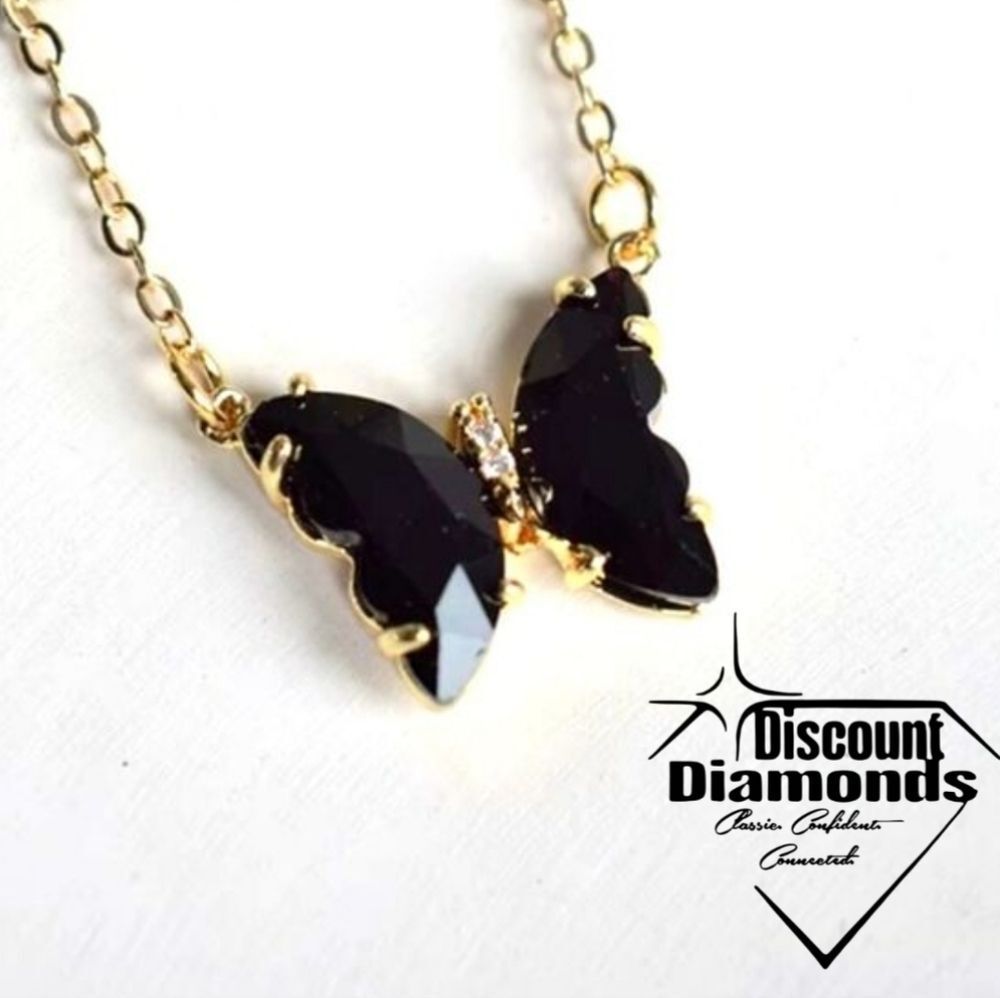 Black Crystal Butterfly Pendant Necklace 14K Yellow Gold on 925 Silver